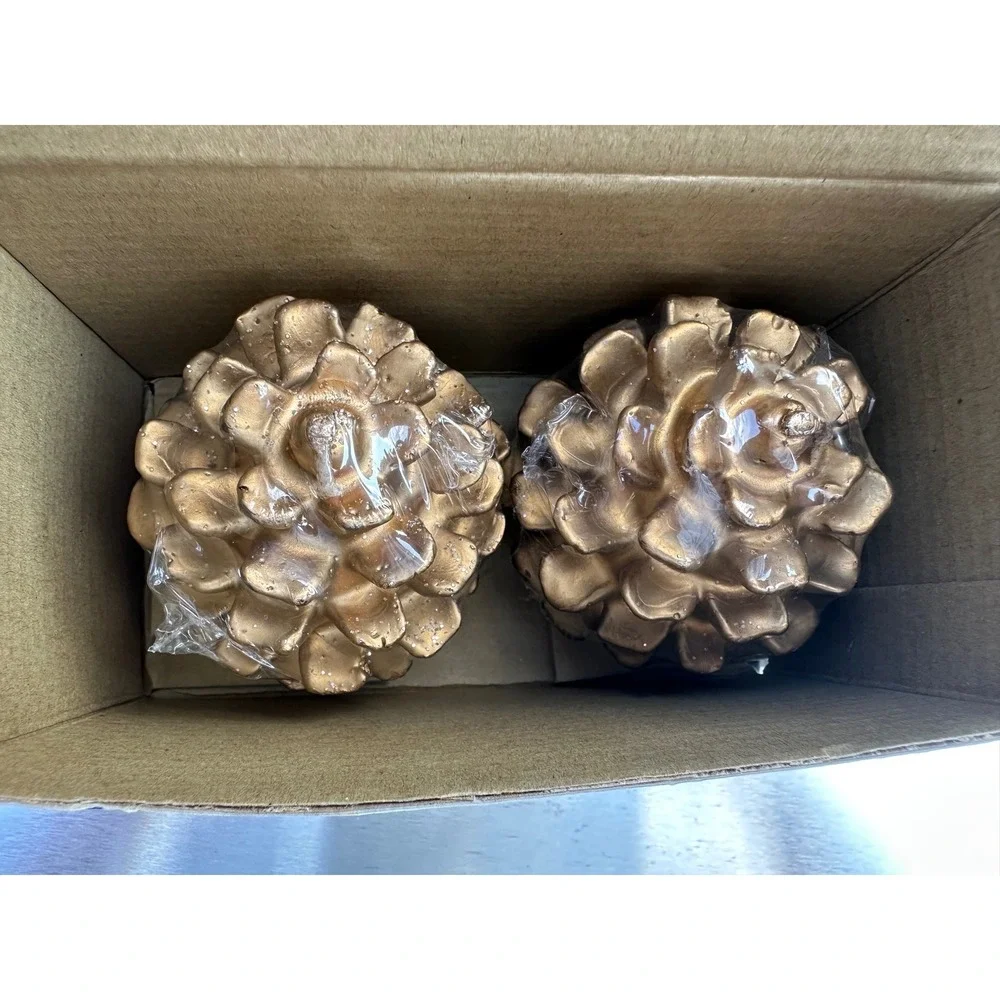 Gold Pinecone Pillar Candles Set of 2 Metallic Christmas Holiday Decor 3.25 inch